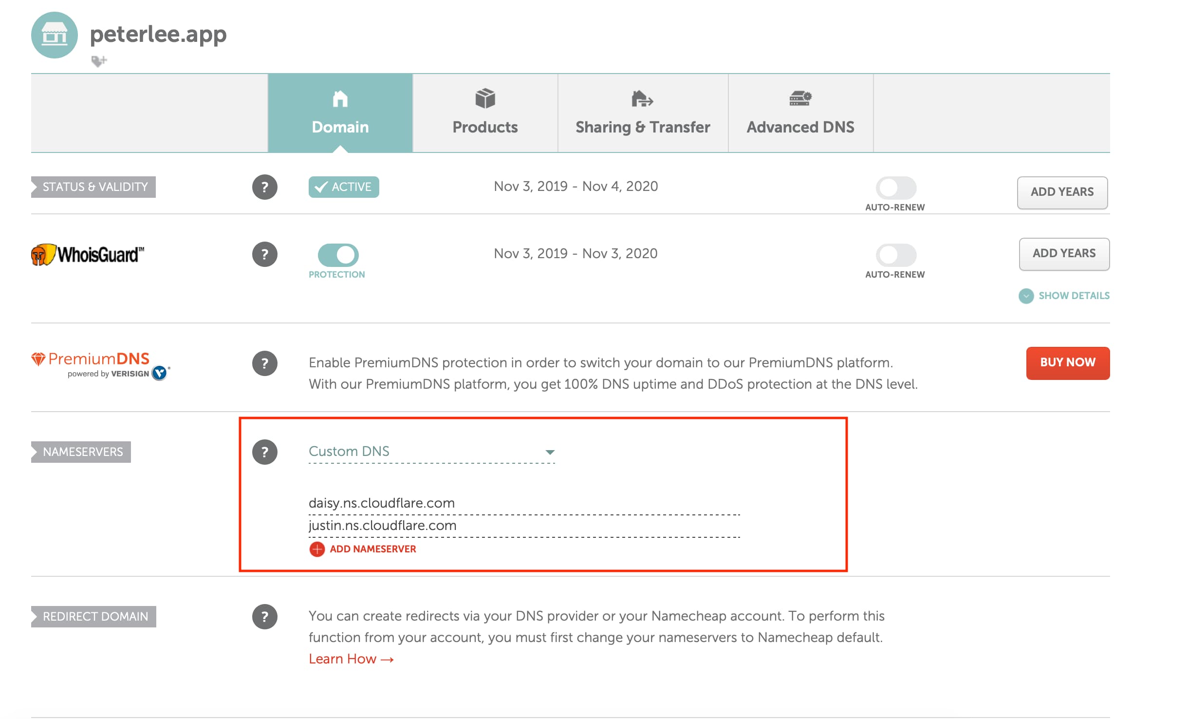 Domain management service DNS settings