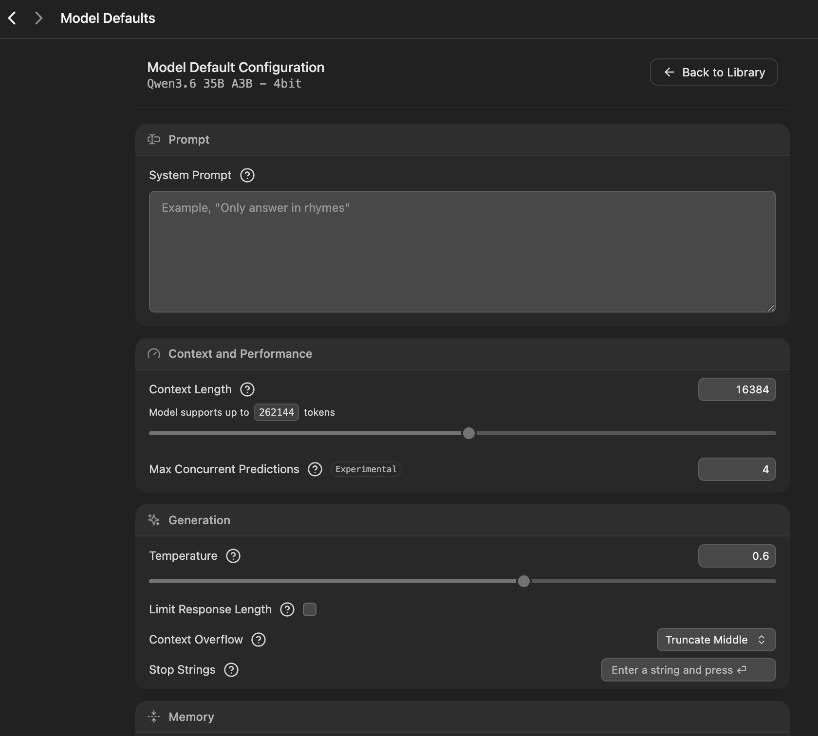 Qwen3.6 35B A3B Model Defaults for context length, temperature, and other generation settings